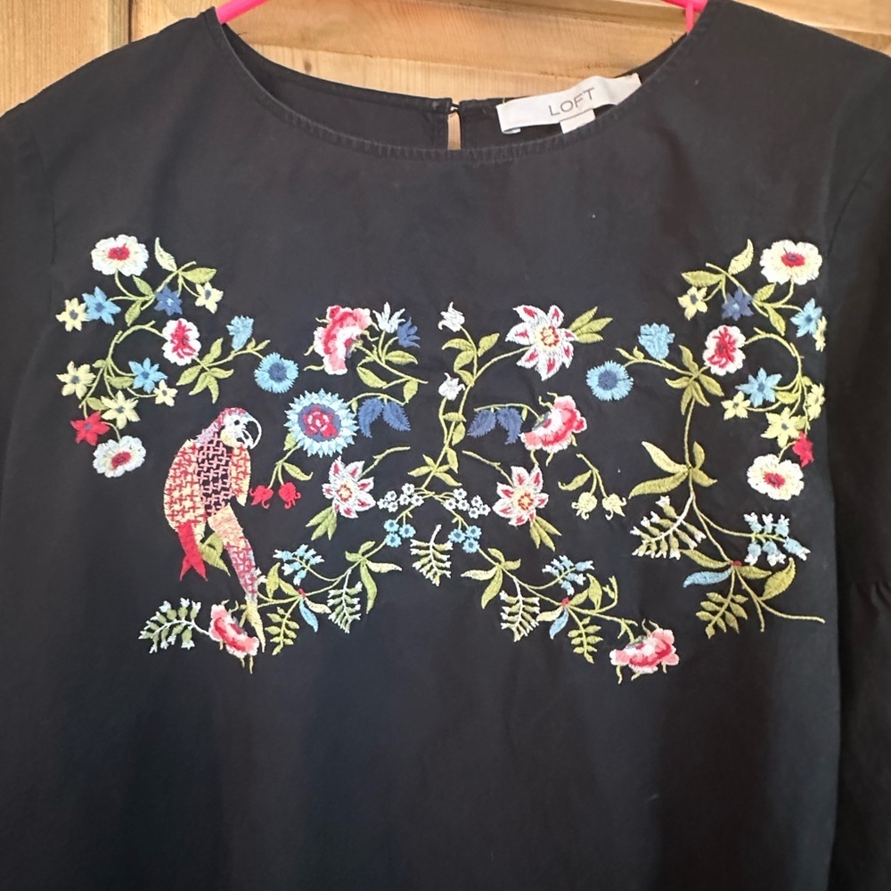 LOFT Black Blouse with Colorful Floral Embroidery & Bell Sleeves Sz Medium - Picture 5 of 11